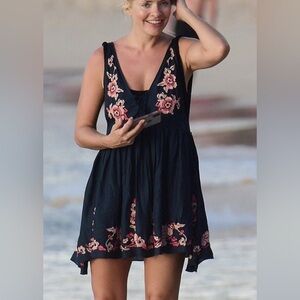 FP by Intimately Free People Dark Blue Dress with Orange Floral Embroidery S